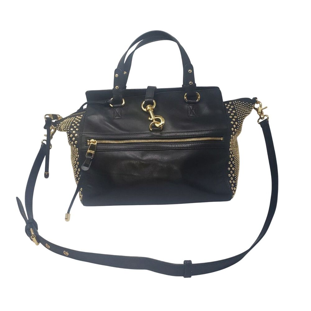 Badgley Mischka Leather Satchel Womens Black Studded Gold Hardware Crossbody